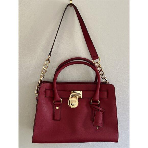 Michael Kors Red Saffiano Hamilton w/Gold Chain Lock Key Straps Satchel Tote Bag - Picture 1 of 16